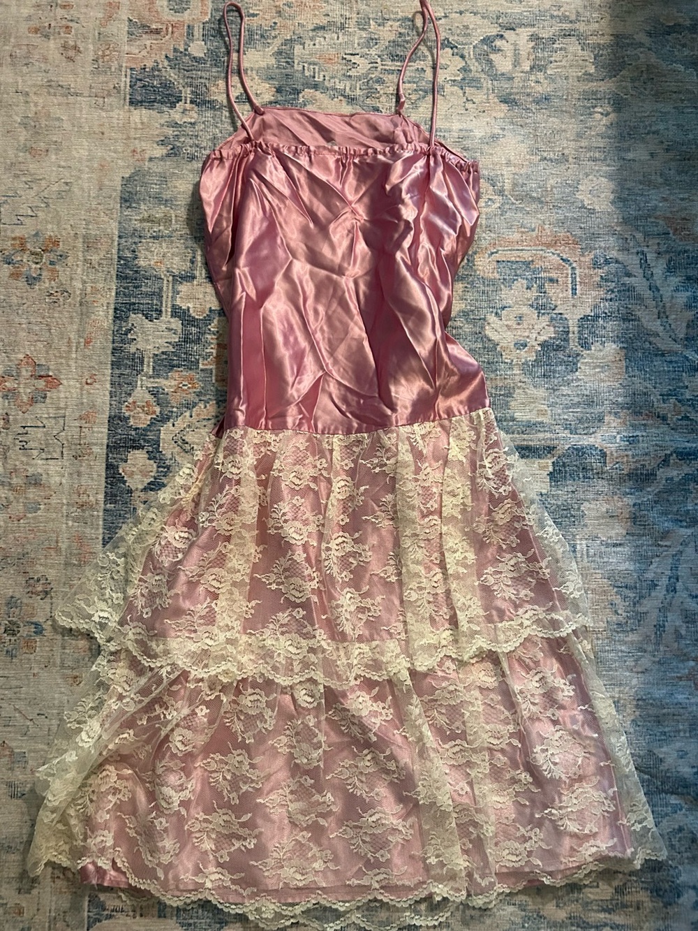Vintage Zum Zum Pink Satin & Cream Lace Tiered Dress - Picture 4 of 7